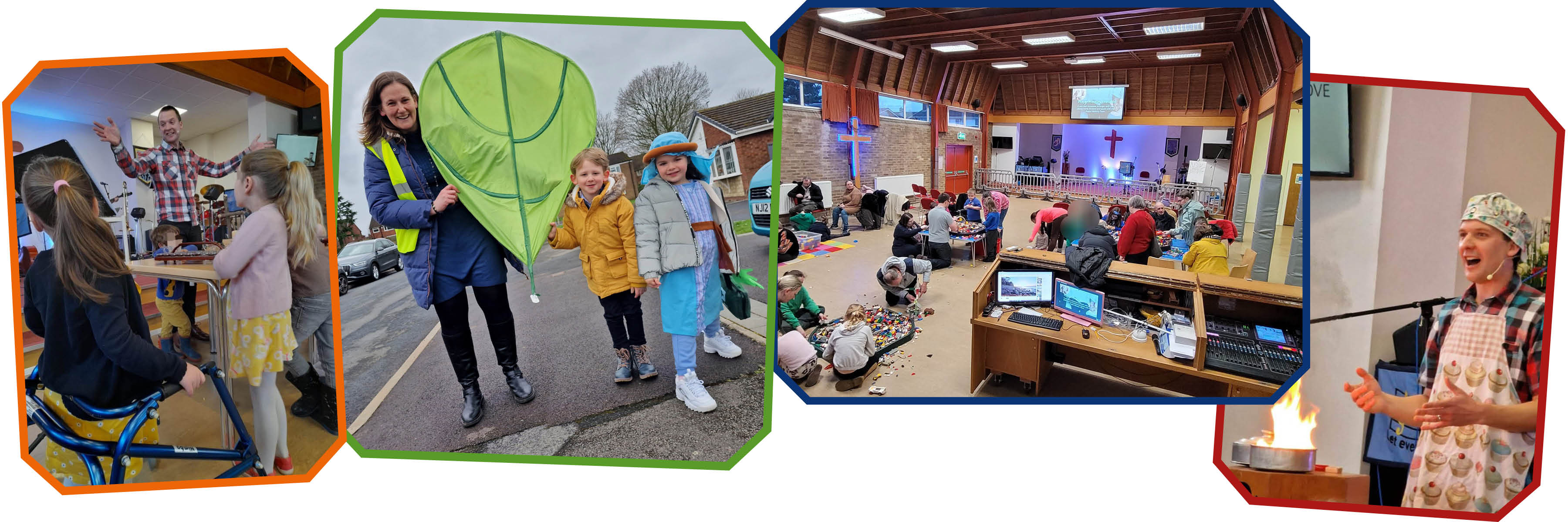 Collage of images including 1) two girls making art 2) woman and two children on a residential pavement with a balloon-shaped kite 3) view of the worship area with adults and children in group activities 4) vicar wearing chefs hat and apron