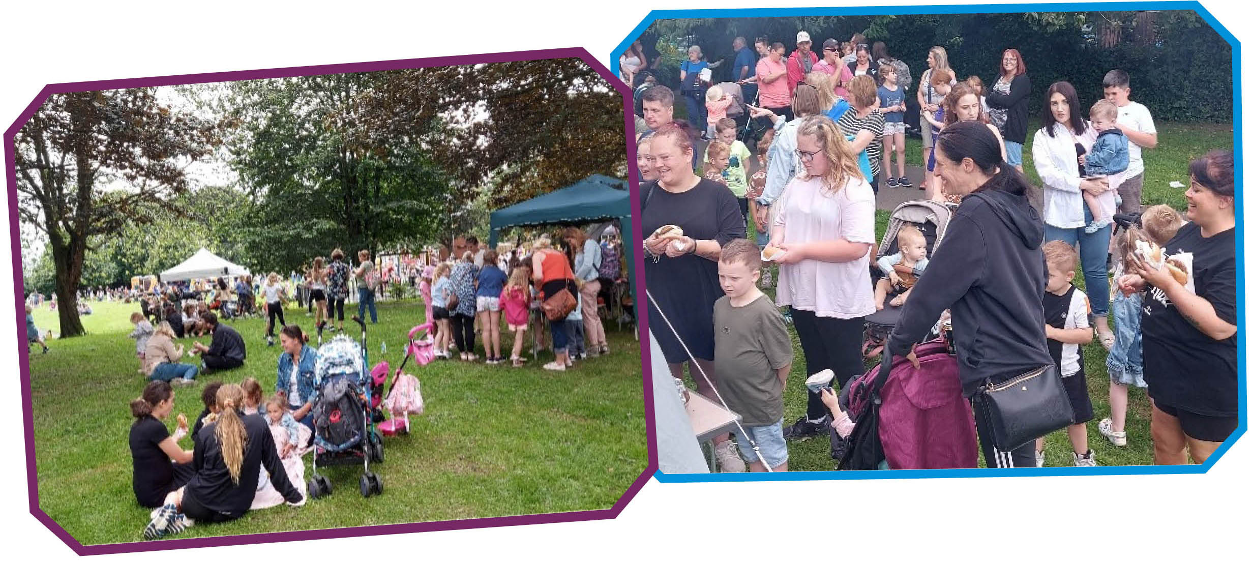 Collage of two images, both showing adults and children in parkland with a couple of pop-up gazebos and standing/sitting in groups with hotdogs etc