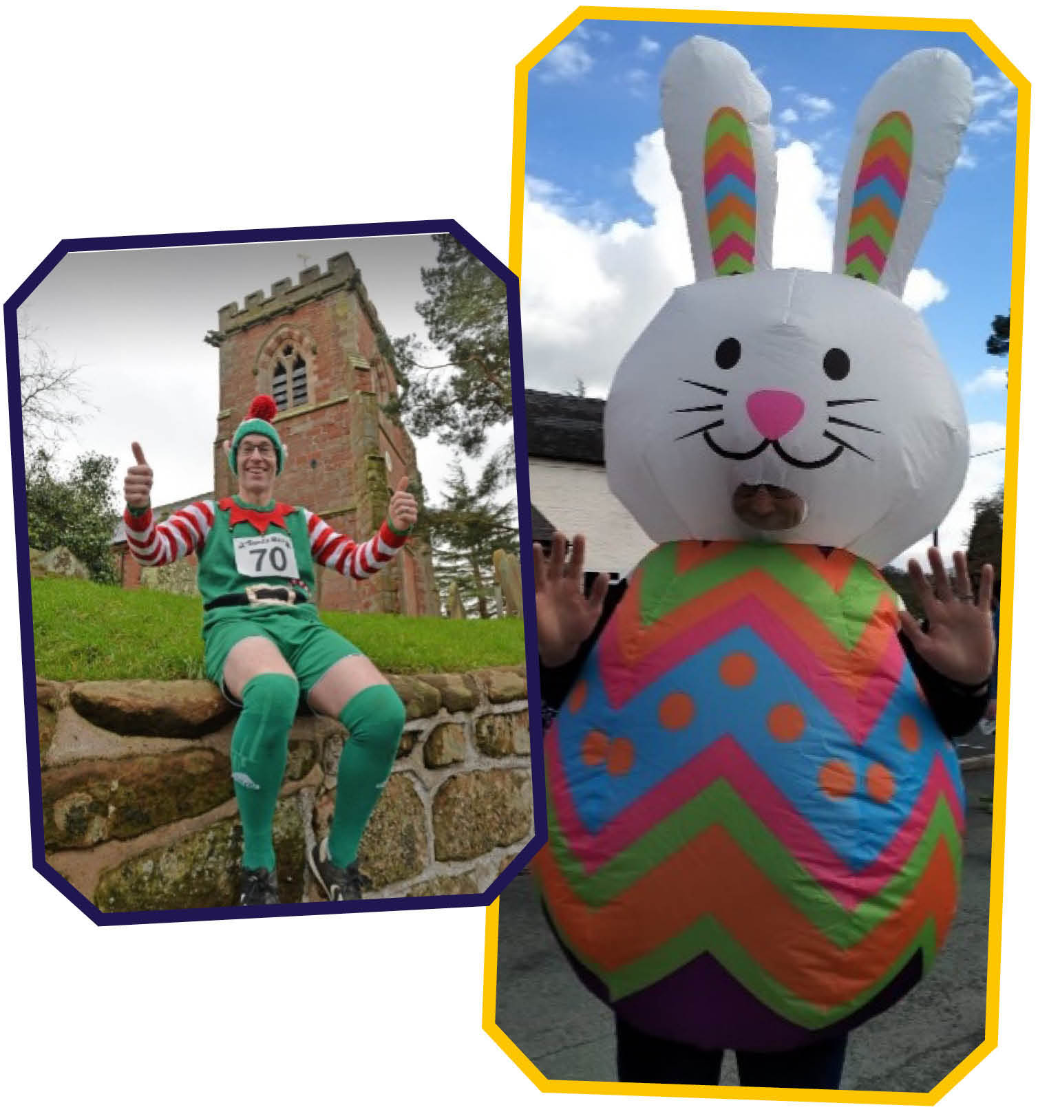 Collage with images of 1) vicar dressed in eld costume sat with a church tower behind him 2) someone in an inflatable Easter Bunny costume