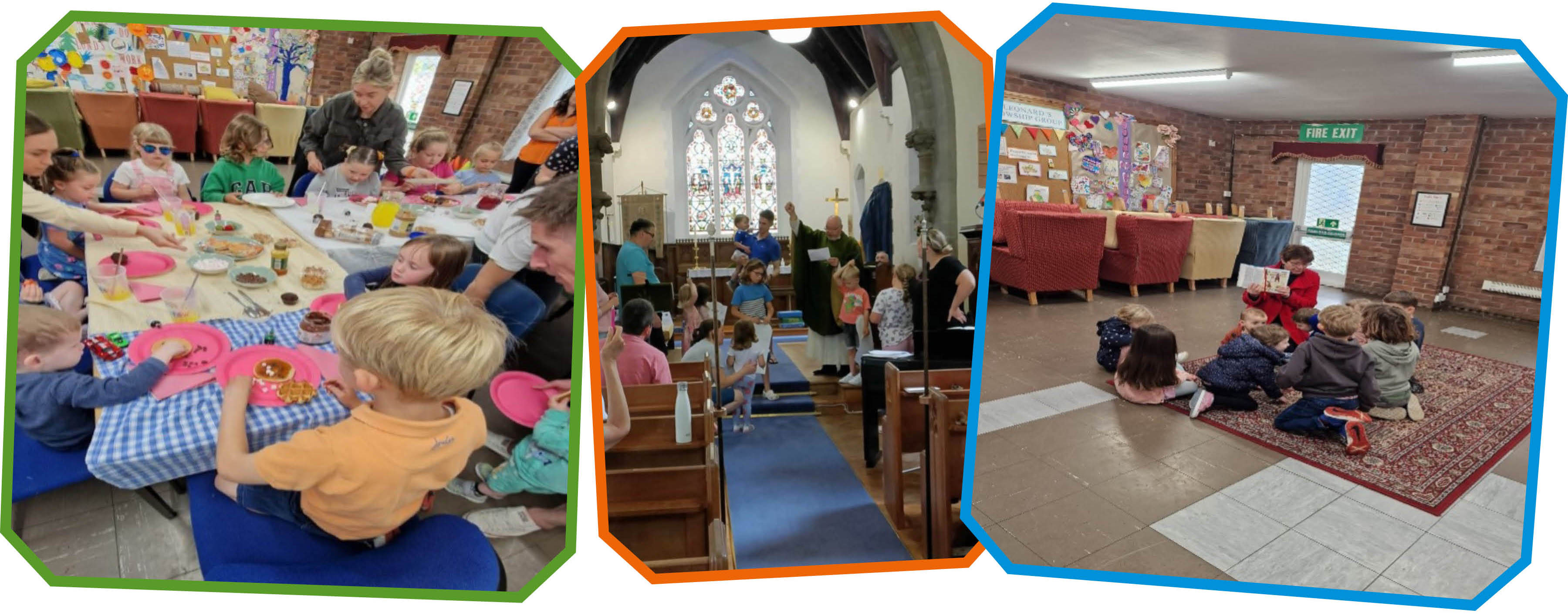 Collage of three images: 1) children sat round a table eating party food; 2) children at the front of church taking part in an activity 3) children sat on a rug with an adult showing them pictures from the story book