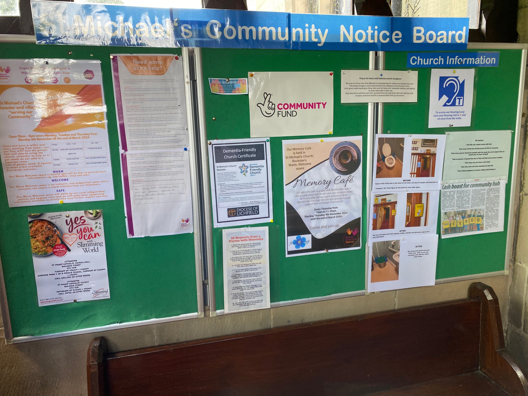 The community notice board inside the church