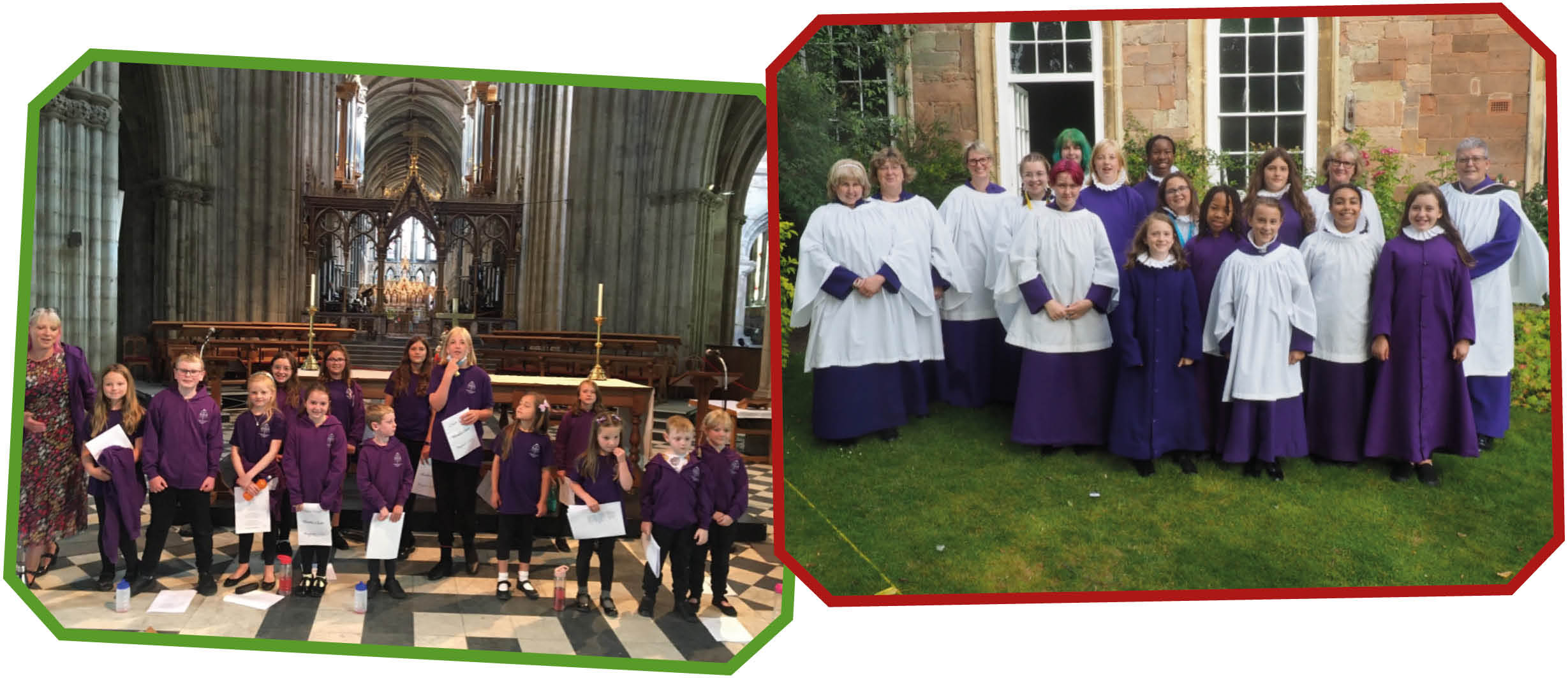 collage of two images: 1) young children in school uniform singing at the communion table in church 2) the choir wearing a mixture of cassocks and surplices stood outside on the lawn
