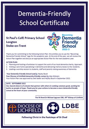 screenshot of the Dementia-friendly School certificate