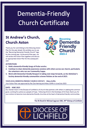 screenshot of the Dementia-friendly Church certificate