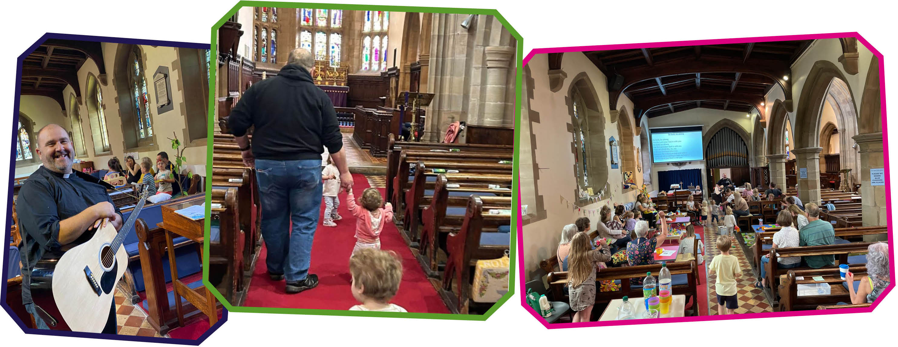 collage of three images: 1) Revd Andy Simpson in church with his acoustic guitar; 2) a man and toddler walking down the middle aisle of the church 3) overview of lots of adults and younger children siting in pews and around tables during worship