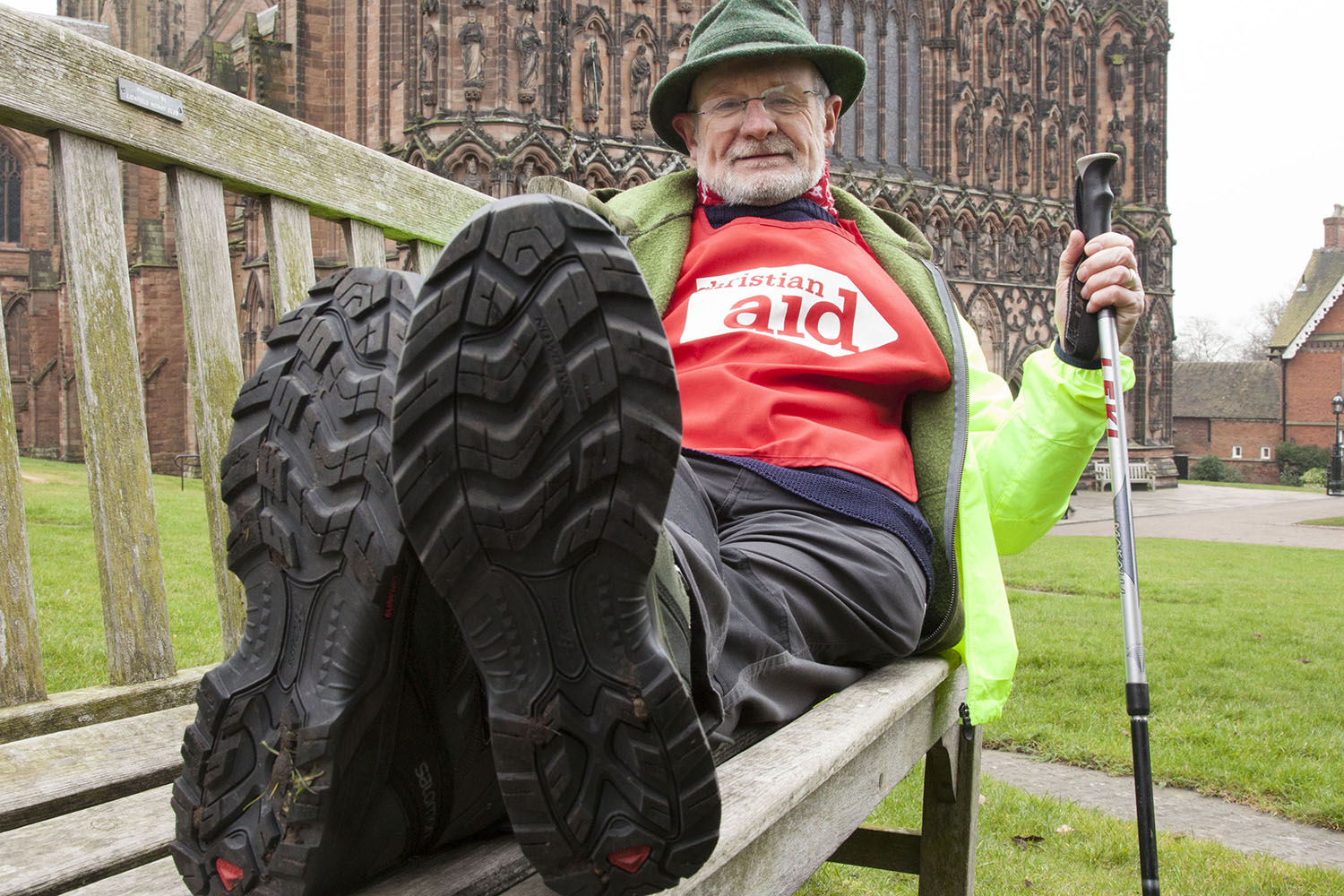 Walking boots on the feet of Peter Phillips outside Lichfield Cathedral