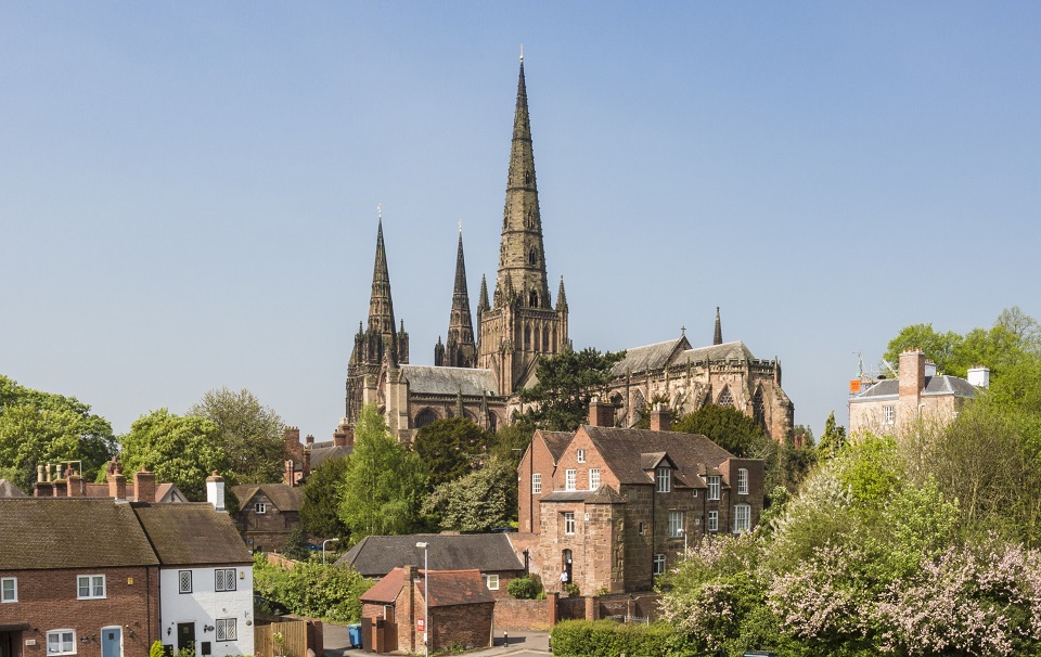 Lichfield Cathedral viewed from the south-east with St Mary's House in the foreground